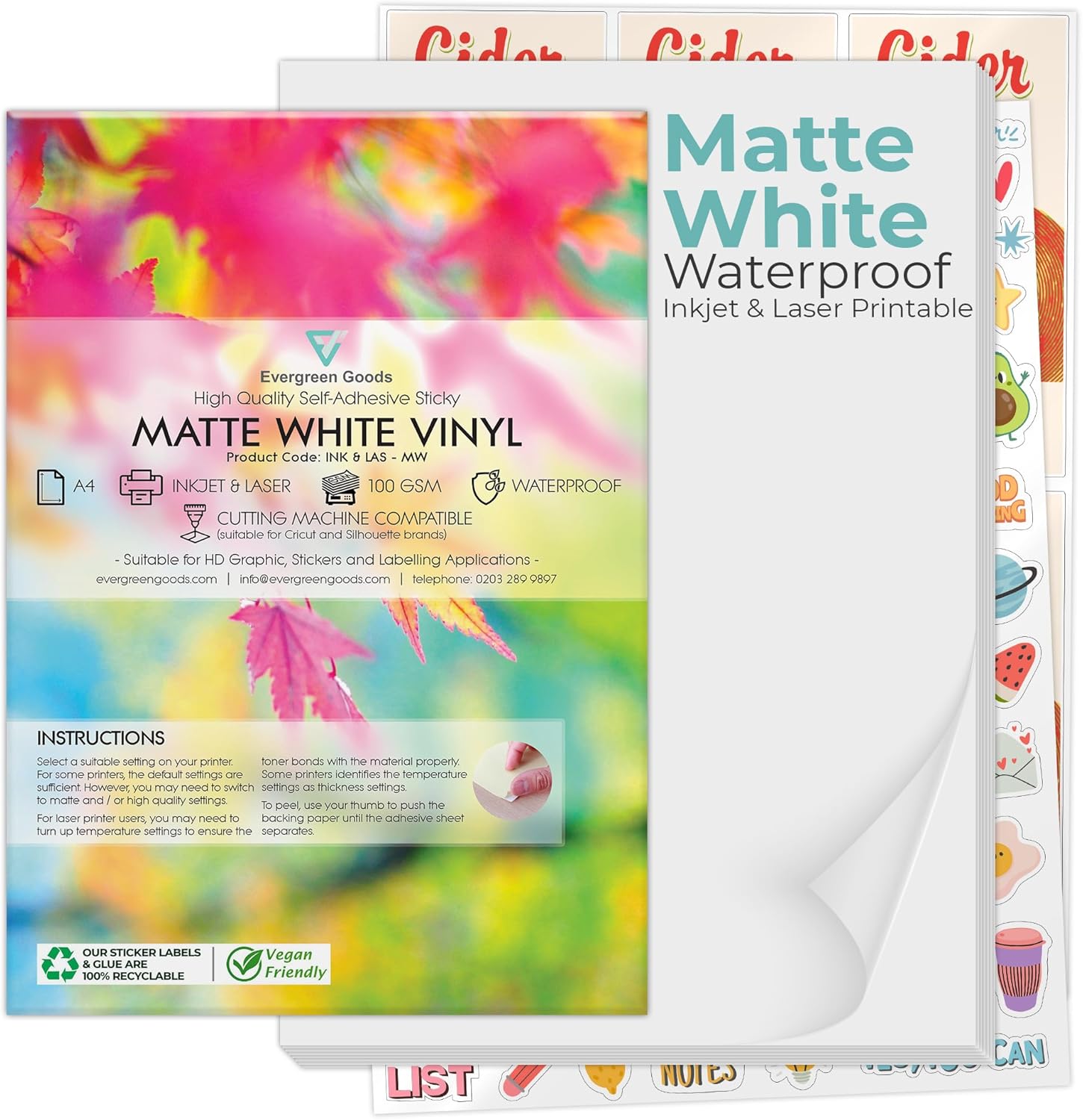 Evergreen Goods 10 A4 Matte White Printable Sticker Paper Vinyl | Inkjet Laser Waterproof Sheets - Blank Self Adhesive Vinyl | Make Your Own Stickers & Product Labels | Ideal for Cricut Cameo Cutters