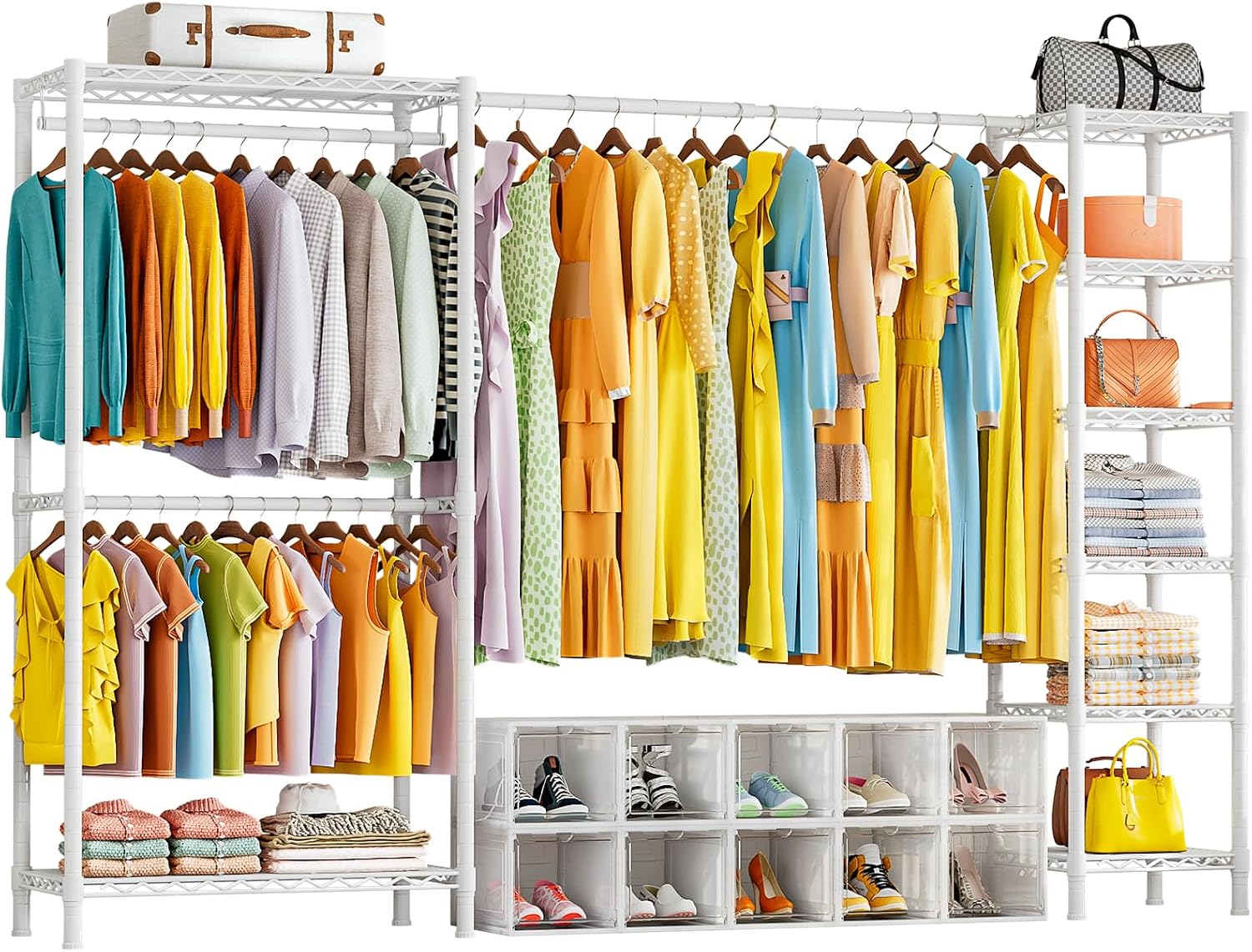 KZOBYD Extendable Clothes Rails, Coat Rails Coat Racks for Hanging Clothes | Length 72-96.6 inch, 8 Height Adjustable Shelves, Metal Heavy Duty Clothing Garment Rack, for Closet Wardrobe Bedroom