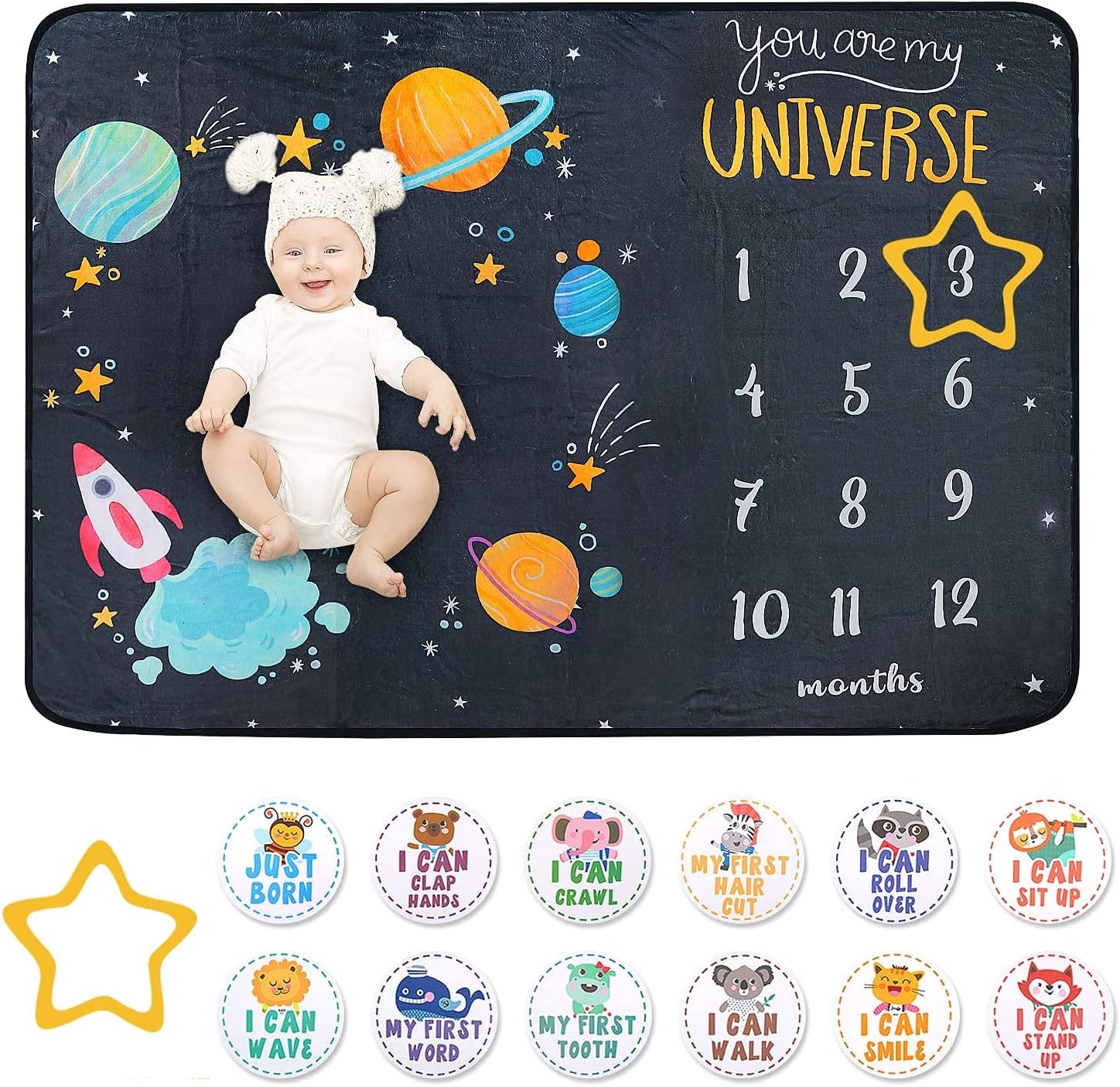 Baby Milestone Blanket - Cute Space Design Monthly Milestone Blanket for Baby Boy and Girl, Soft and Thick Flannel Material Wrapped with Milestone Stickers