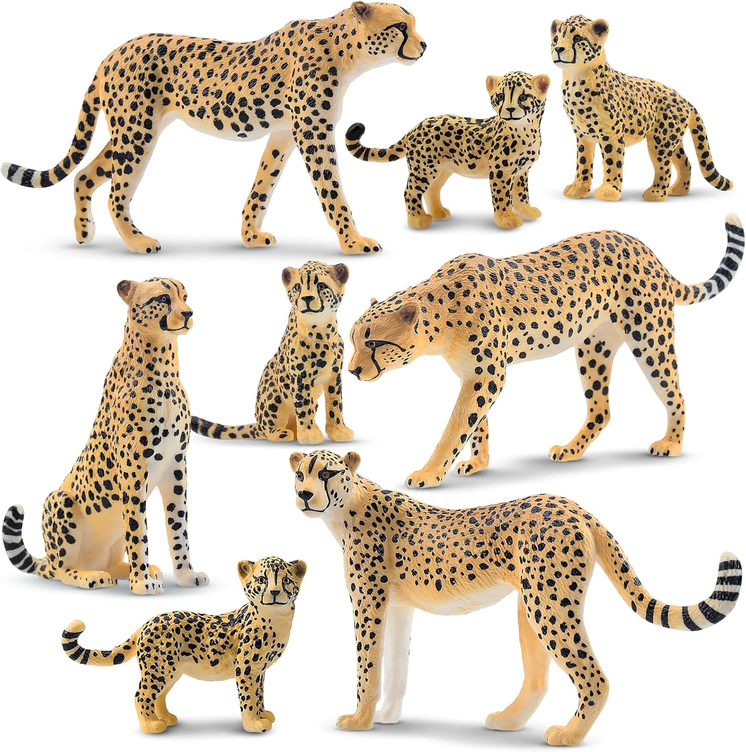Toymany 8PCS Cheetah Figurines with Cheetah Cubs, Realistic Jungle Zoo Animals Figurines Family Set, Educational Toy Cake Toppers Christmas Birthday Gift for Kids
