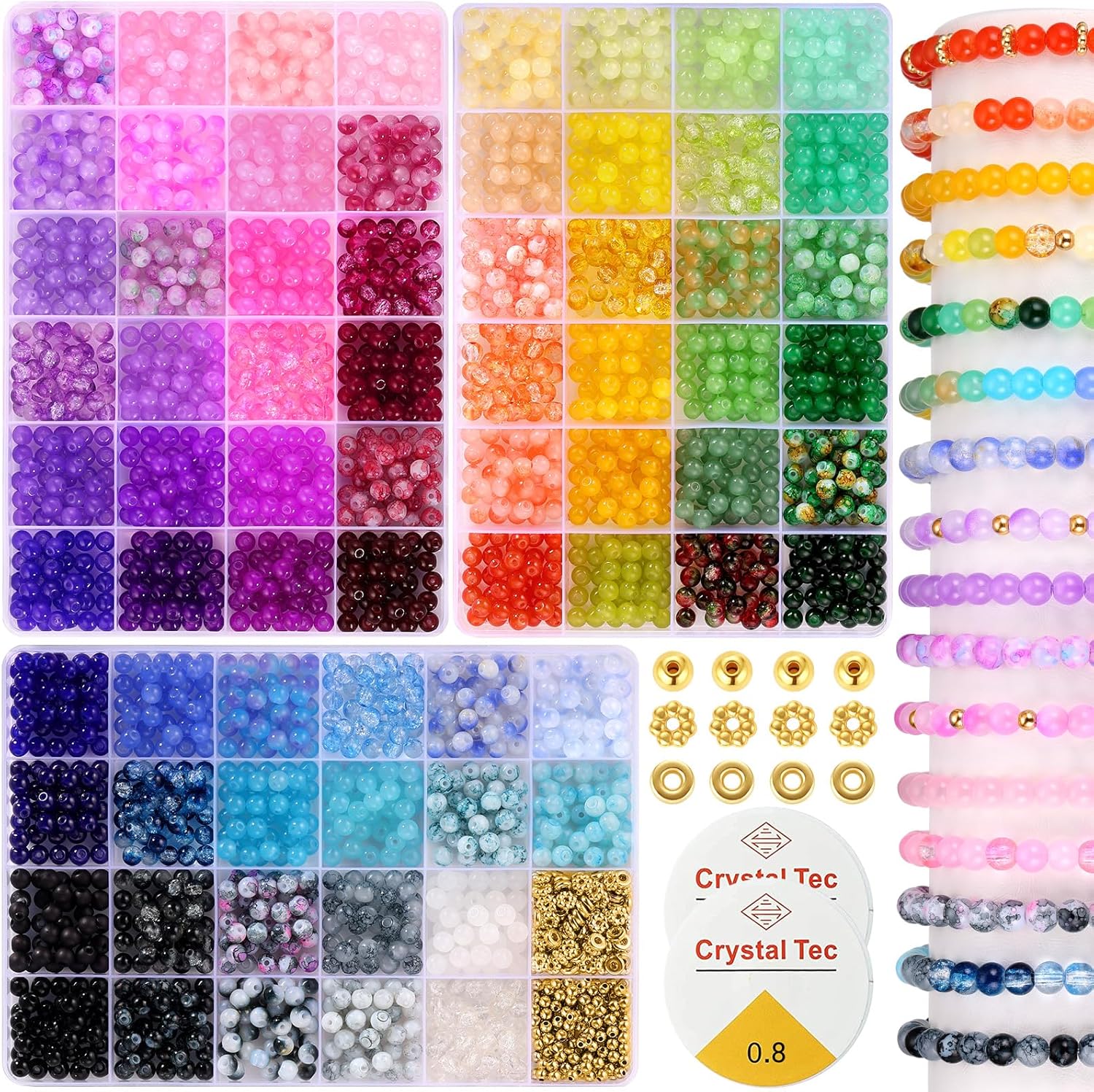 Funtopia 6mm Glass Beads for Bracelets Making, 2700pcs 70 Colors Crackle Glass Beads for Jewellery Making, Funtopia Round Jade Crystal Gemstone Bead for DIY Necklace Crafts, Solid and Floral Colors