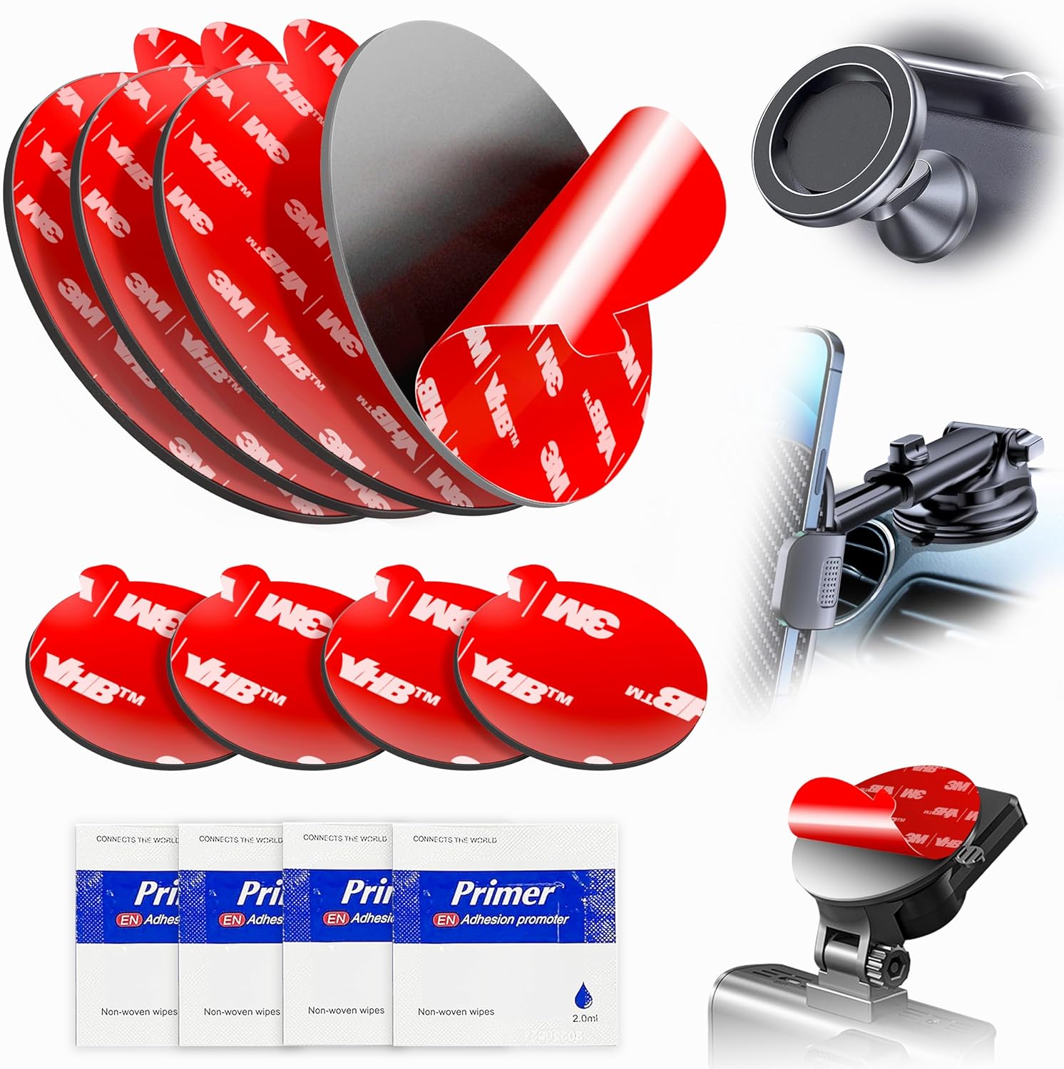 3M VHB Round Double-Sided Adhesive Pads - 4 Pack of 3.15" and 0.91" Sticky Mounting Tape for Phone Holder, Car Magnetic Mount, GPS Mount on Dashboard and Windshield with Adhesion Promoter