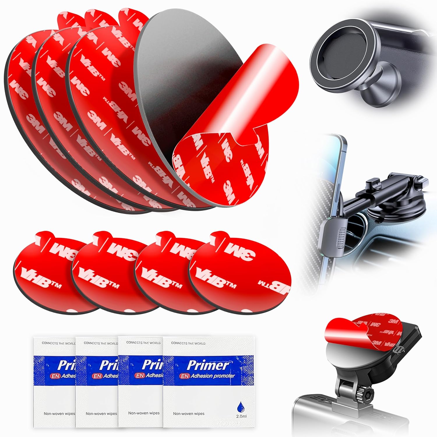 3M VHB Round Double-Sided Adhesive Pads – 4pcs Each of 8cm and 2.3cm Sticky Mounting Tape for Phone Holder, Car Magnetic Mount on Dashboard and Windshield, with 4 Adhesion Promoter