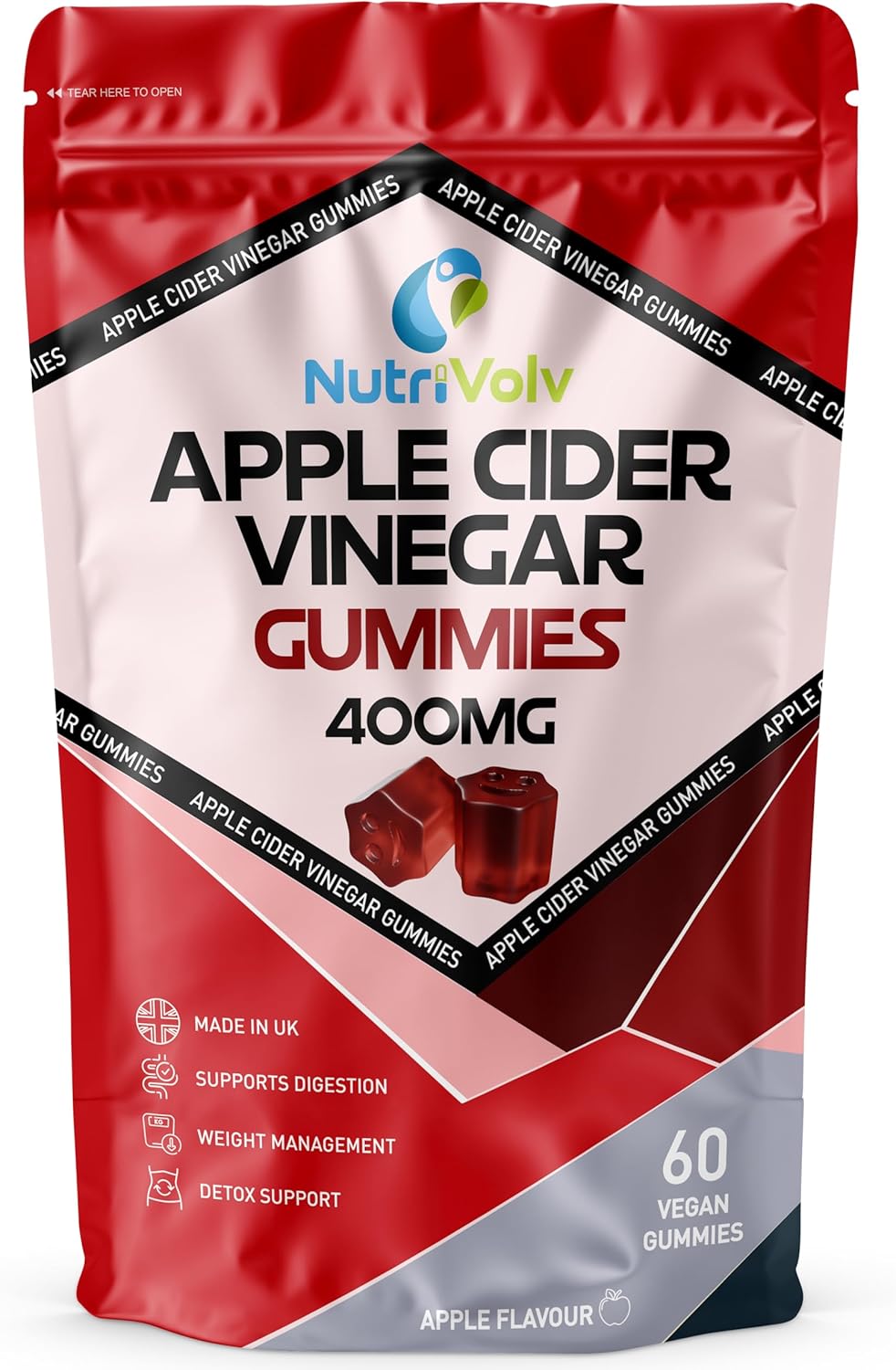 Apple Cider Vinegar Gummies with The Mother | 60 Vegan ACV Gummies | Apple Flavour | Gelatine Free | Sugar Free | Non-GMO, Gluten-Free | by NutriVolv