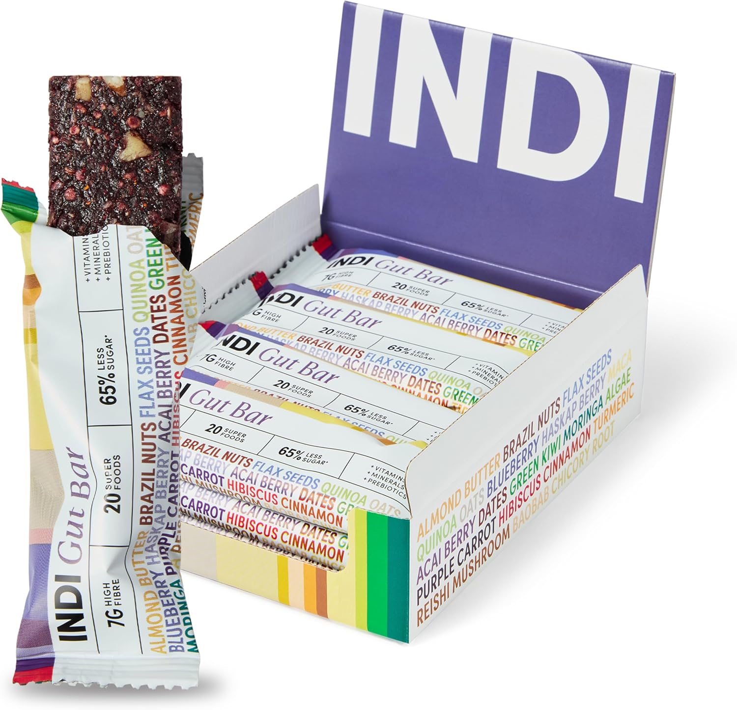 INDI Gut Bar | Pre & Probiotics for Gut Health | 20 Superfoods for a Healthy Gut inc. Raw Fruit, Nuts & Seeds | High Fibre Snack Bar| 12 Pack | Made in UK