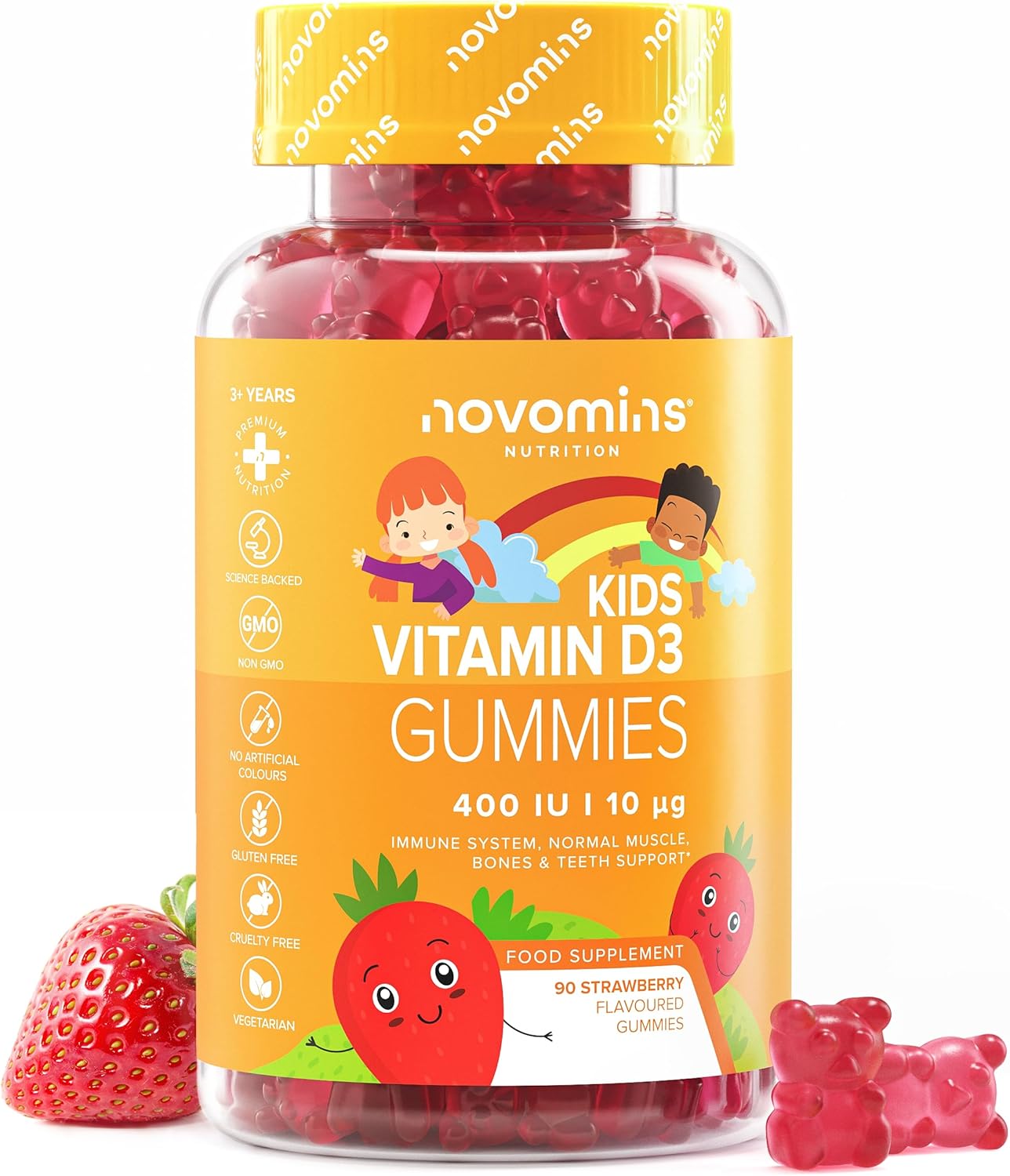Kids Vitamin D 400 IU Gummies - 3 Month Supply of Vitamin D3 - Alternative to Vitamin D3 Tablets & Spray - Gluten-Free Kids Vitamins for Bones & Teeth - Novomins
