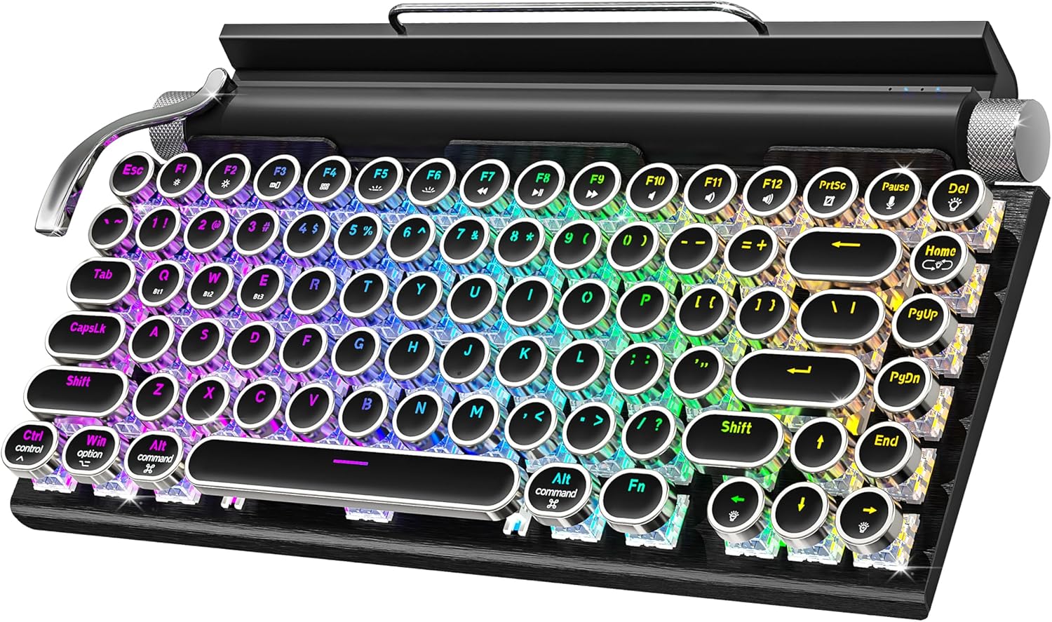 Retro Typewriter Wireless Mechanical Gaming Keyboard, Bluetooth 5.0 Office Computer Vintage Keyboards 83-Key Blue Switches Punk Round Keycap, LED Backlight, Compatible with PC/Laptop/Pad/Phone, Black