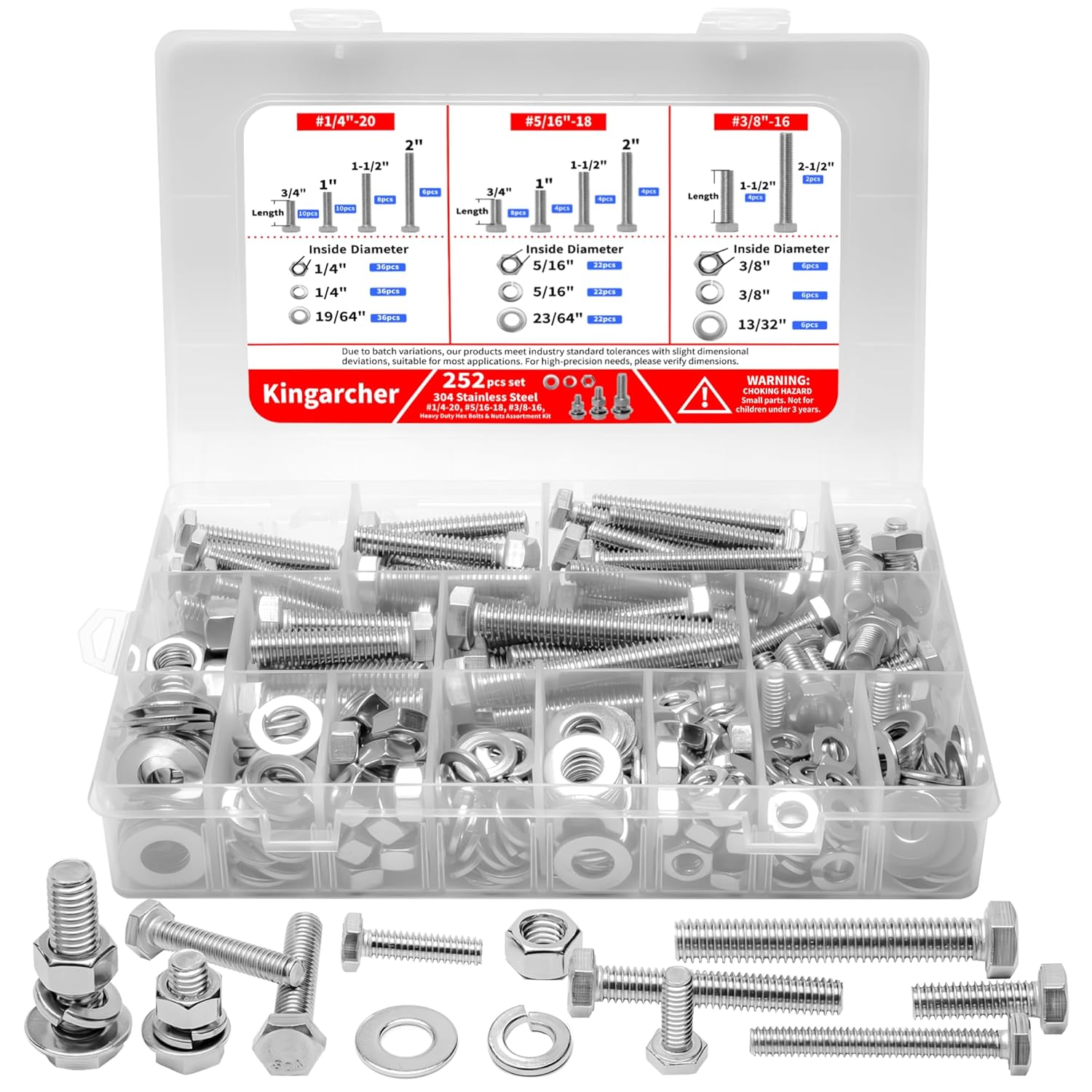 Kingarcher 252 Pcs Hex Head Nuts and Bolts Set – 1/4”-20, 5/16”-18, 3/8”-16, 304 Stainless Steel Assortment Kit with Washers and Storage Case