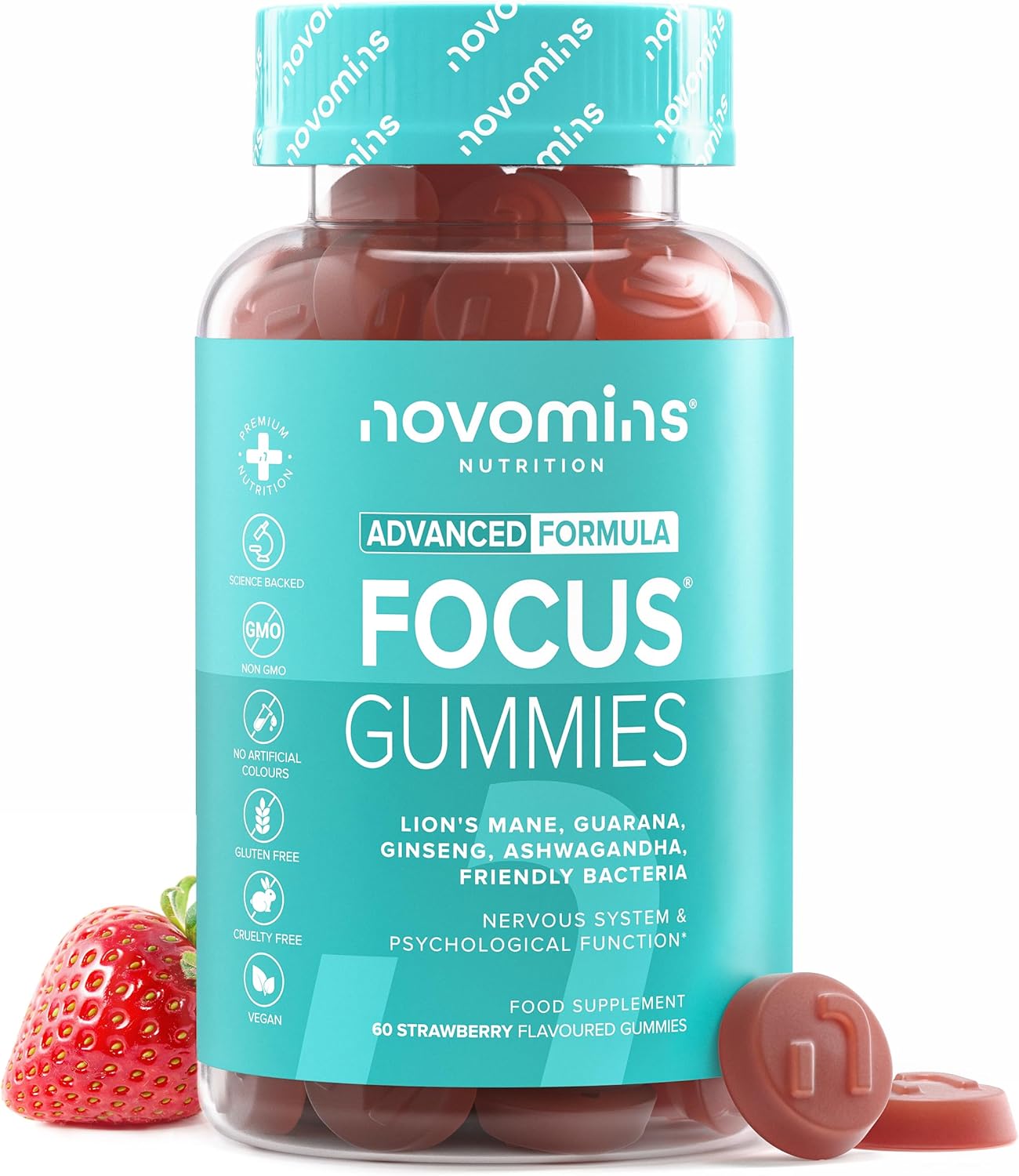 Focus Gummies - Ashwagandha, Lions Mane, Gingko Biloba, Vitamin B12 & Caffeine - 1-Month Supply - Focus, Memory & Energy Support - Gluten-Free Nootropics & Mushrooms - 60 Gummies - Novomins