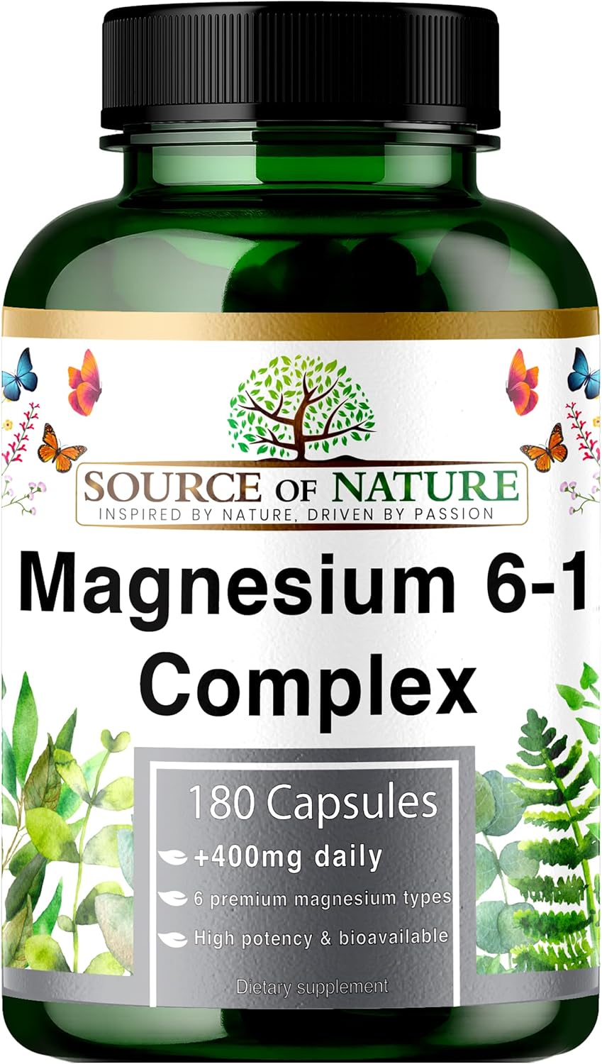 Magnesium 6-1 Complex 1500 mg Daily | 400 mg Elemental Magnesium | Oxide, Bisglycinate, Malate, Taurate, Citrate & Aspartate | 180 Vegan Capsules | High Strength & Bioavailable