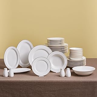 Karaca Lexi Gold Dinner Set for 12 People - 56 Piece Luxury Dinner Set with Gold Trim, Dinner Plates, Pasta Bowls, Side Plates, Cereal/Soup Bowls,Serving Platters, White Porcelain Dinnerware Sets
