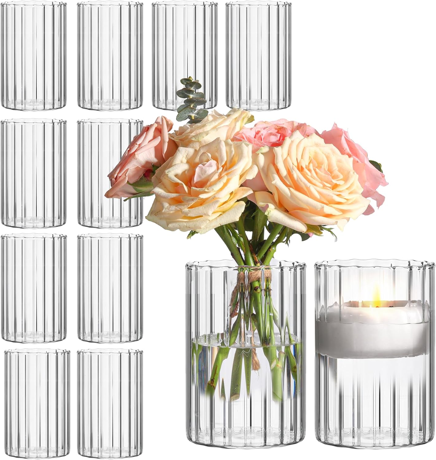 ComSaf Glass Cylinder Vases Pack of 12, Clear Ribbed Bud Vases for Centerpieces Weeding Decoration, 6 inch Tall Clear Flower Vases in Bulk, Hurricane Candle Holder for Party Home Decor