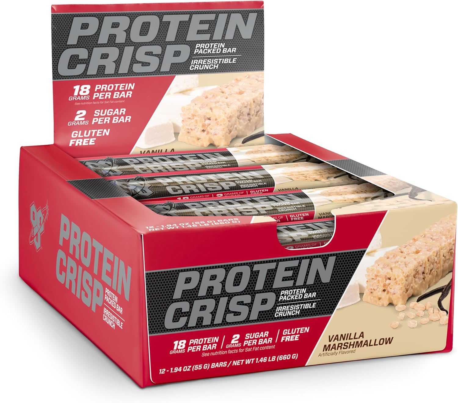 BSN Protein Crisp Bar, Protein Snack Bars, Crunch Bars with Whey Protein and Fiber, Gluten Free, Vanilla Marshmallow, 12 Count (Packaging May Vary)