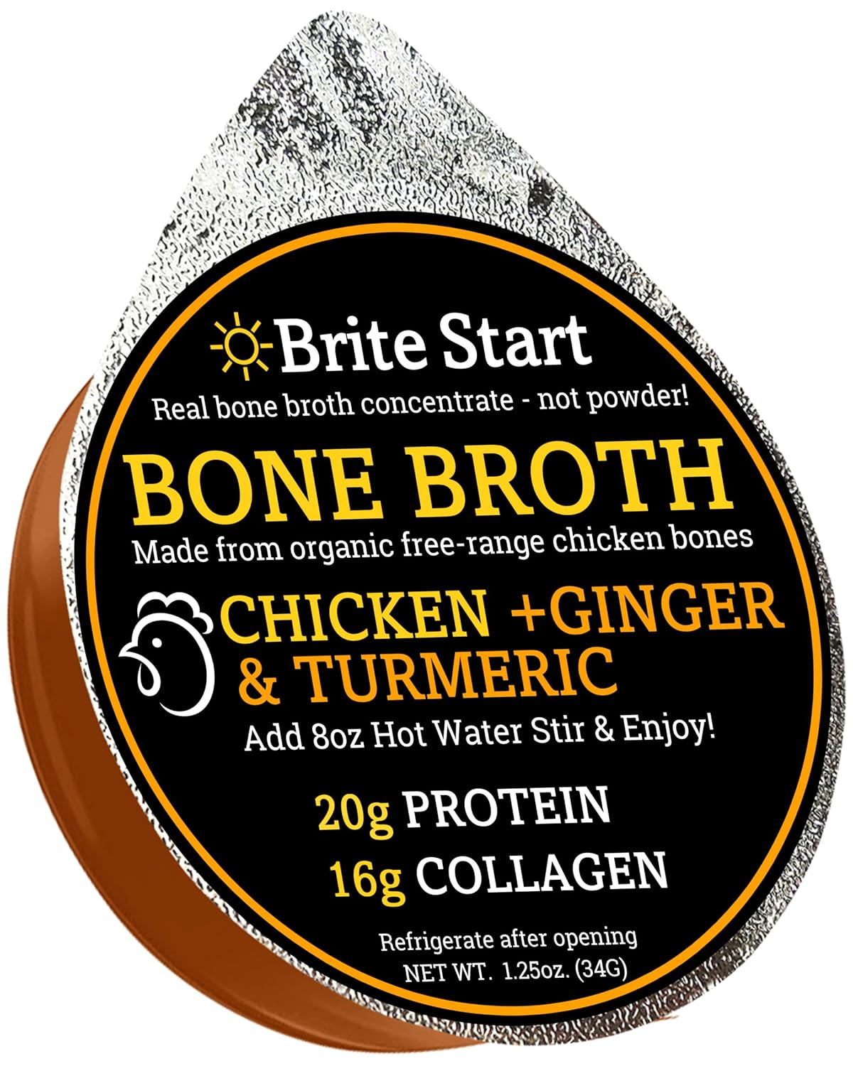 Brite Start Bone Broth - Chicken + Ginger & Turmeric - 12 Count - Keto Friendly Concentrate with 16g Collagen, 20g Paleo Protein - Made from Free Range Chicken Bones - Single Serve Packets