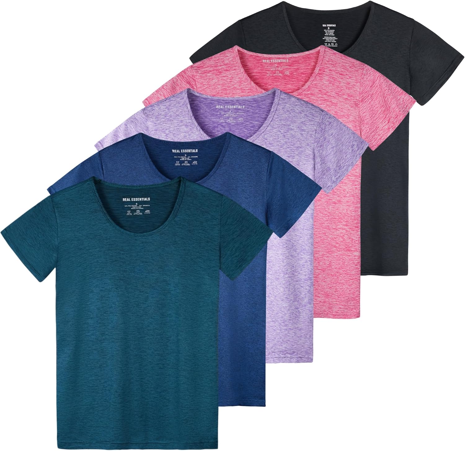 Real Essentials 5 Pack: Women's Dry Fit Tech Stretch Short-Sleeve Crew Neck Athletic T-Shirt (Available in Plus Size)