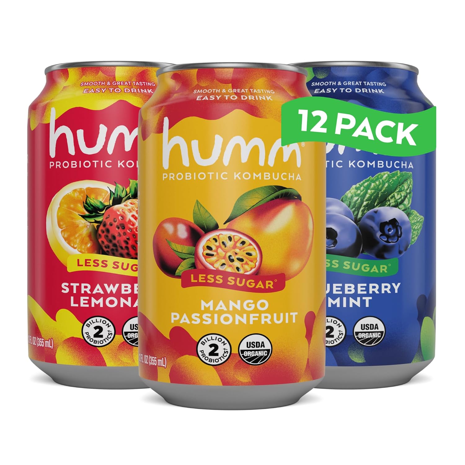 Humm Probiotic Kombucha The Original Variety 12 Pack, Organic, 2 Billion Probiotics for Gut Health, Mango Passionfruit, Blueberry Mint and Strawberry Lemonade