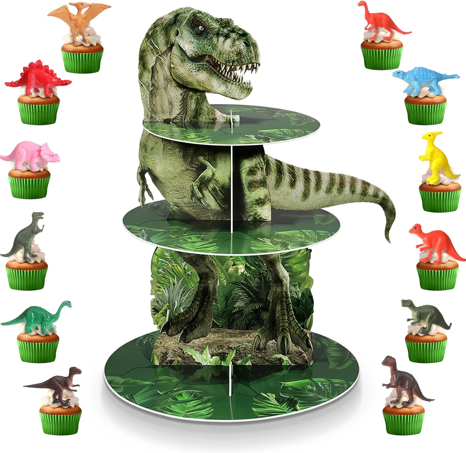 Censen 3 Tier Dinosaur Cupcake Stand Party Supplies Dinosaur Cupcake Holder 24 Pcs Dinosaur Figure Toys Cupcake Toppers Dinosaur Dessert Tower for Boys Dinosaur Jungle Theme Birthday Party Decorations