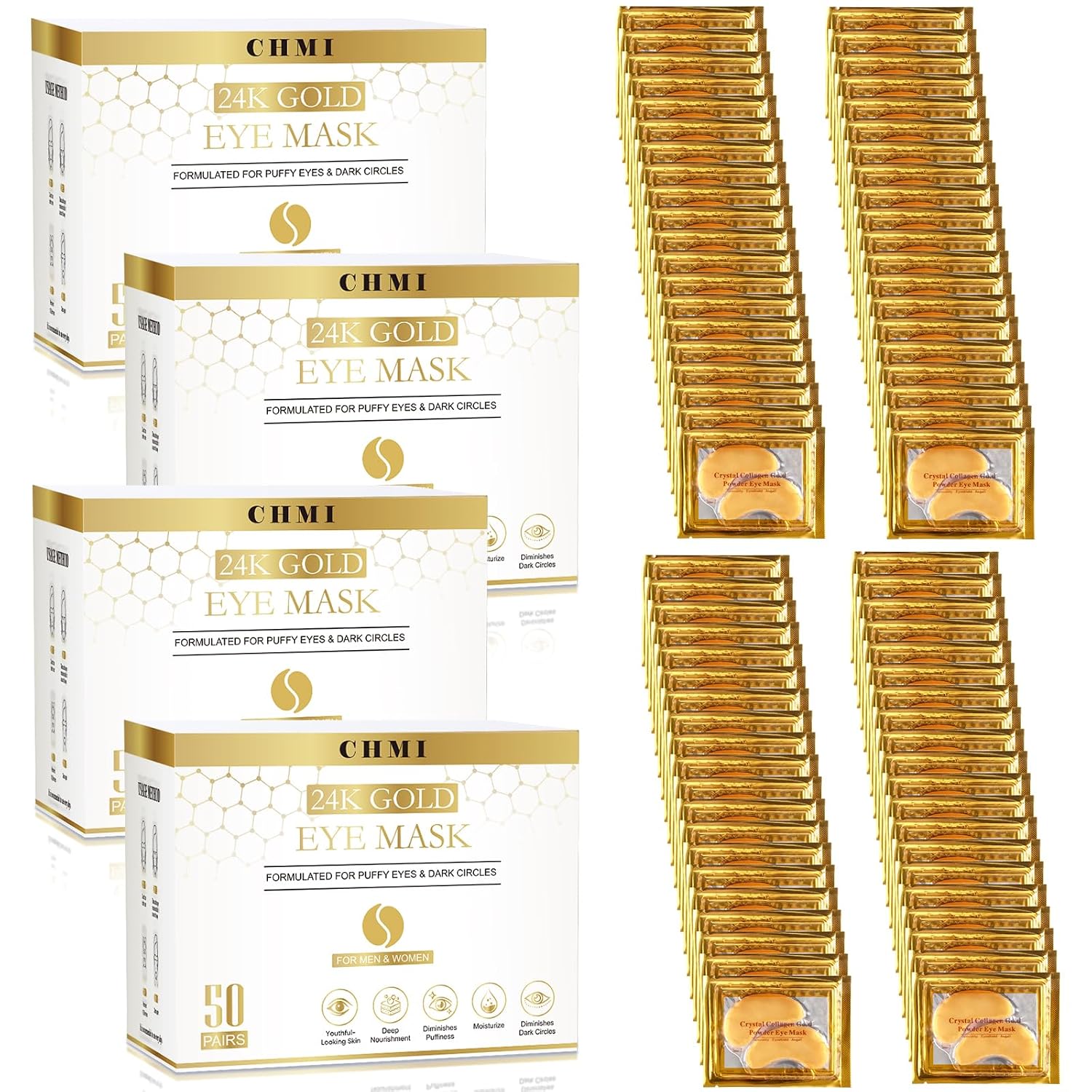 CHMI 24K Gold Under Eye Patches 200 Pairs Collagen, Dark Circles, Wrinkles