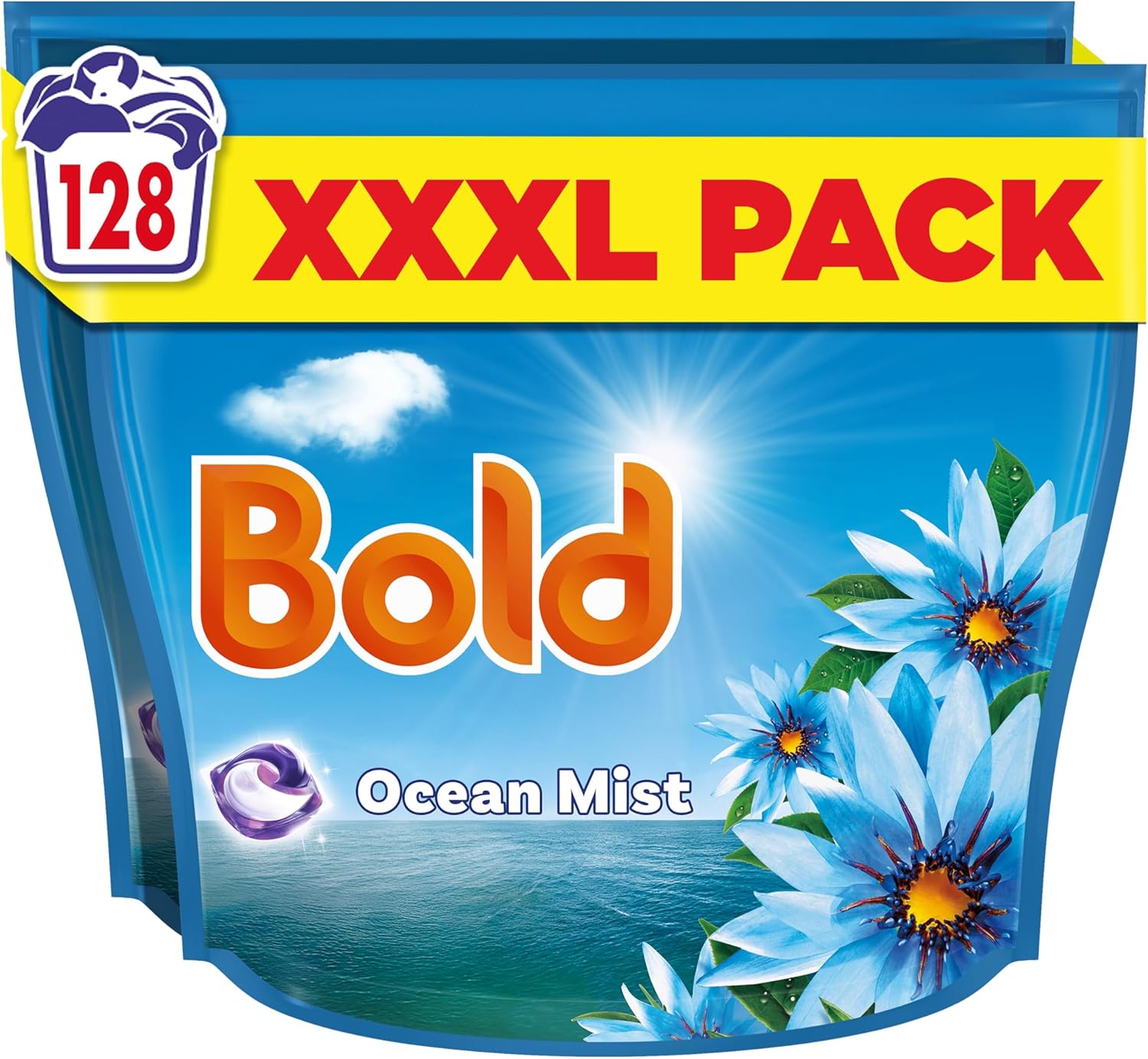 Bold Ocean Mist PODS Washing Liquid Laundry Detergent Capsules 128 Washes, Outdoor freshness that lasts and lasts, With Built-In Lenor Softener