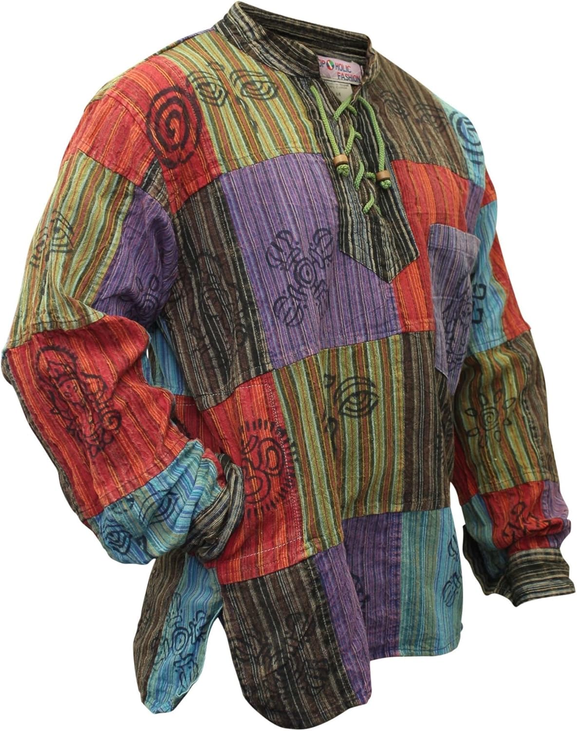 SHOPOHOLIC FASHION Men’s Stonewashed Blocked Criss Cross Neck Hippie Festival Grandad Shirt