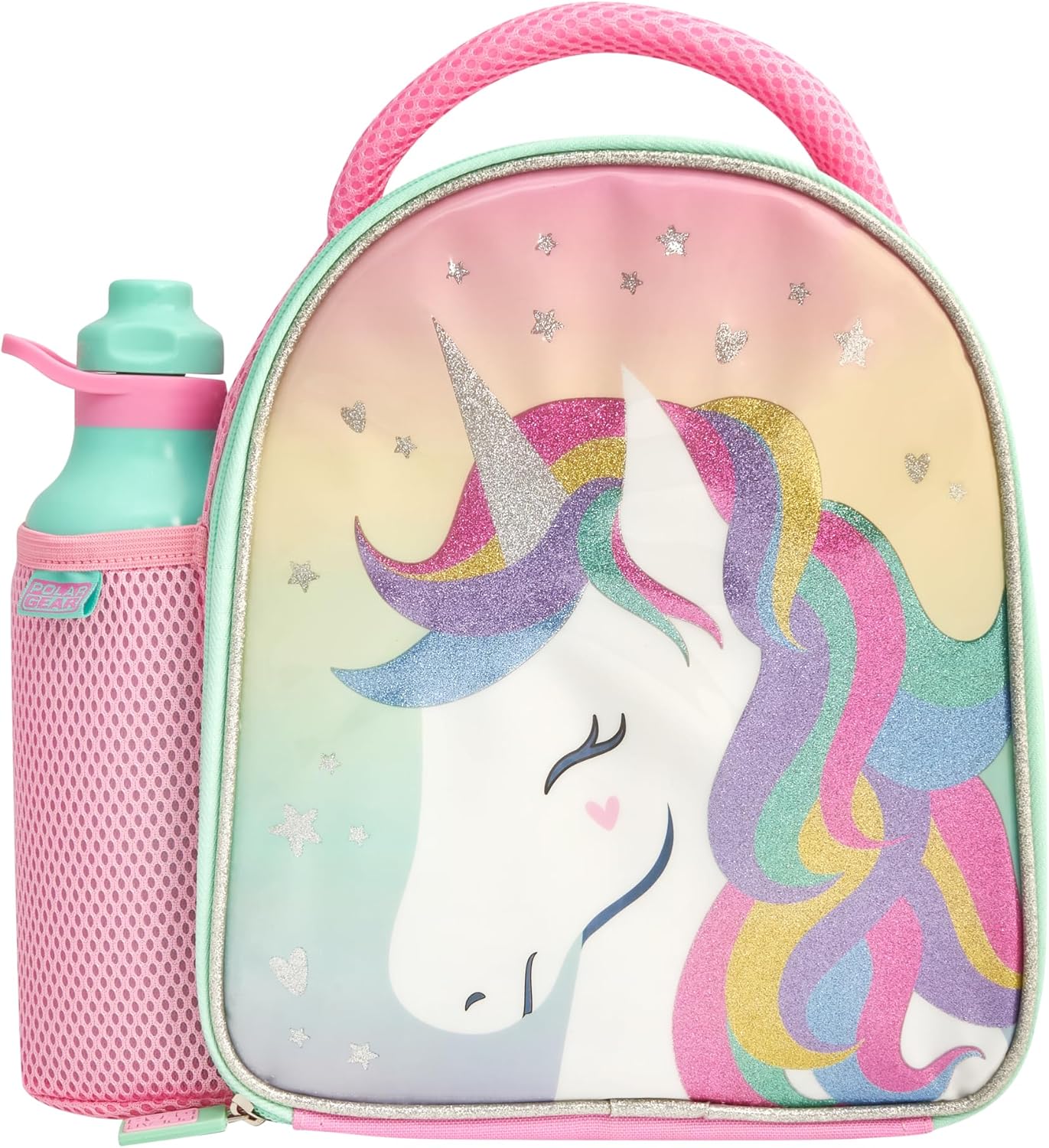 Polar Gear Glitter Unicorn Insulated Kids Lunch Bag Holder and 600ml Water Bottle, Polyester, 600 milliliters, Pink