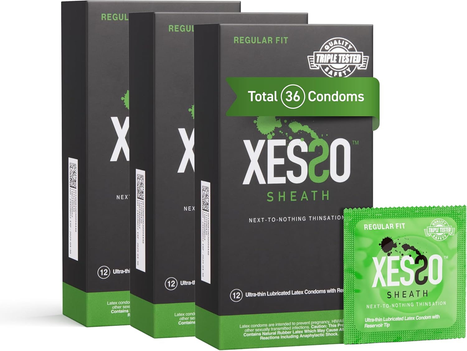 XESSO Sheath Ultra Thin Lubricated Condoms with Reservoir Tip, 36-Pack, Regular Fit Natural Latex Male Condom with Silicone Base,Vegan-Friendly, Discreet Package