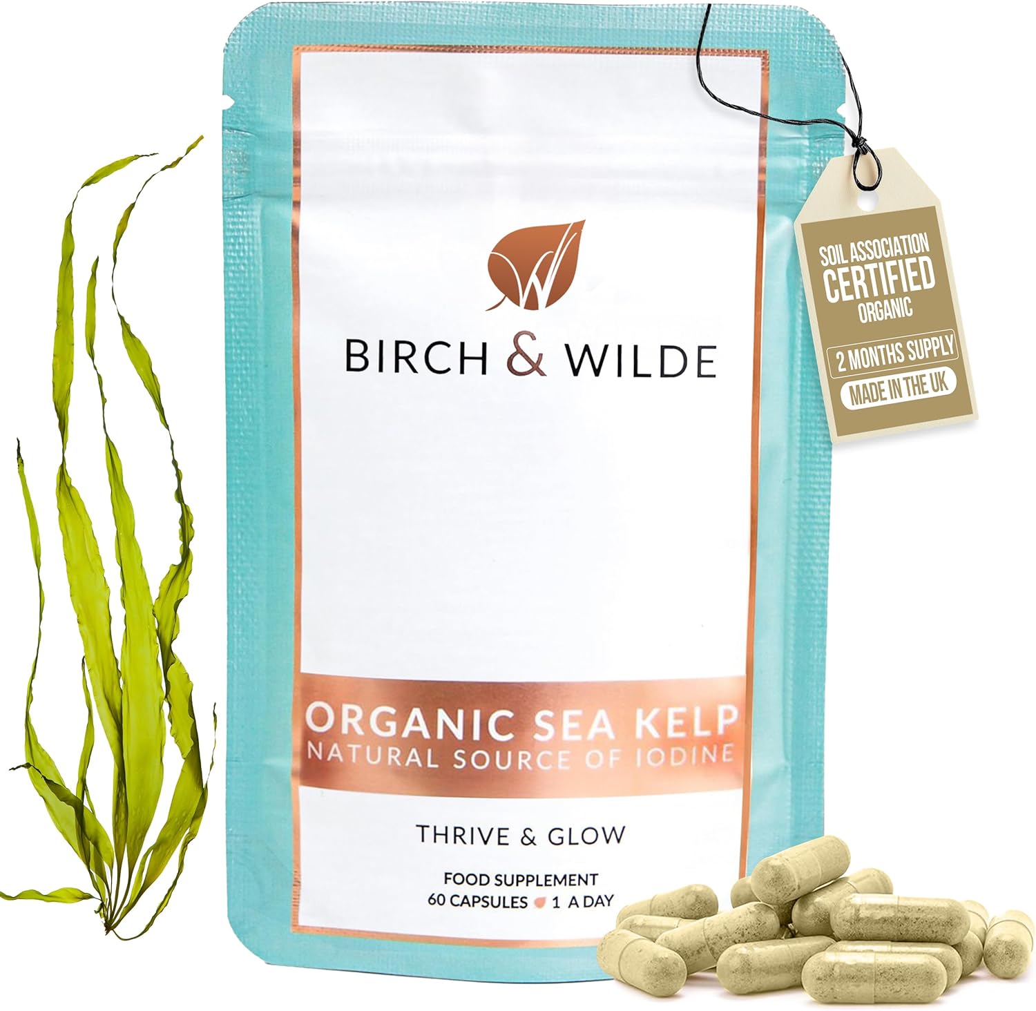 Sea Kelp 500 mg with Iodine, High Strength Vegan Supplement for Thyroid Support and Skin, Soil Association Organic and Made in UK, 60 Capsules (2 Months Supply)