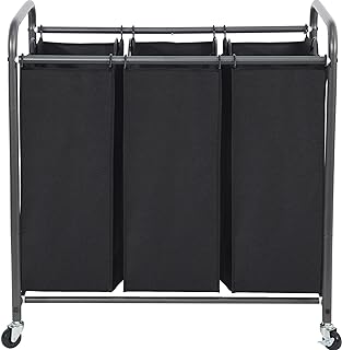 STO STO Laundry Sorter 3 Section, 3 Bag Laundry Hamper, Rolling Laundry Cart, Laundry Basket with Heavy Duty Lockable Wheels and Removable Bag for Clothes Storage, Black