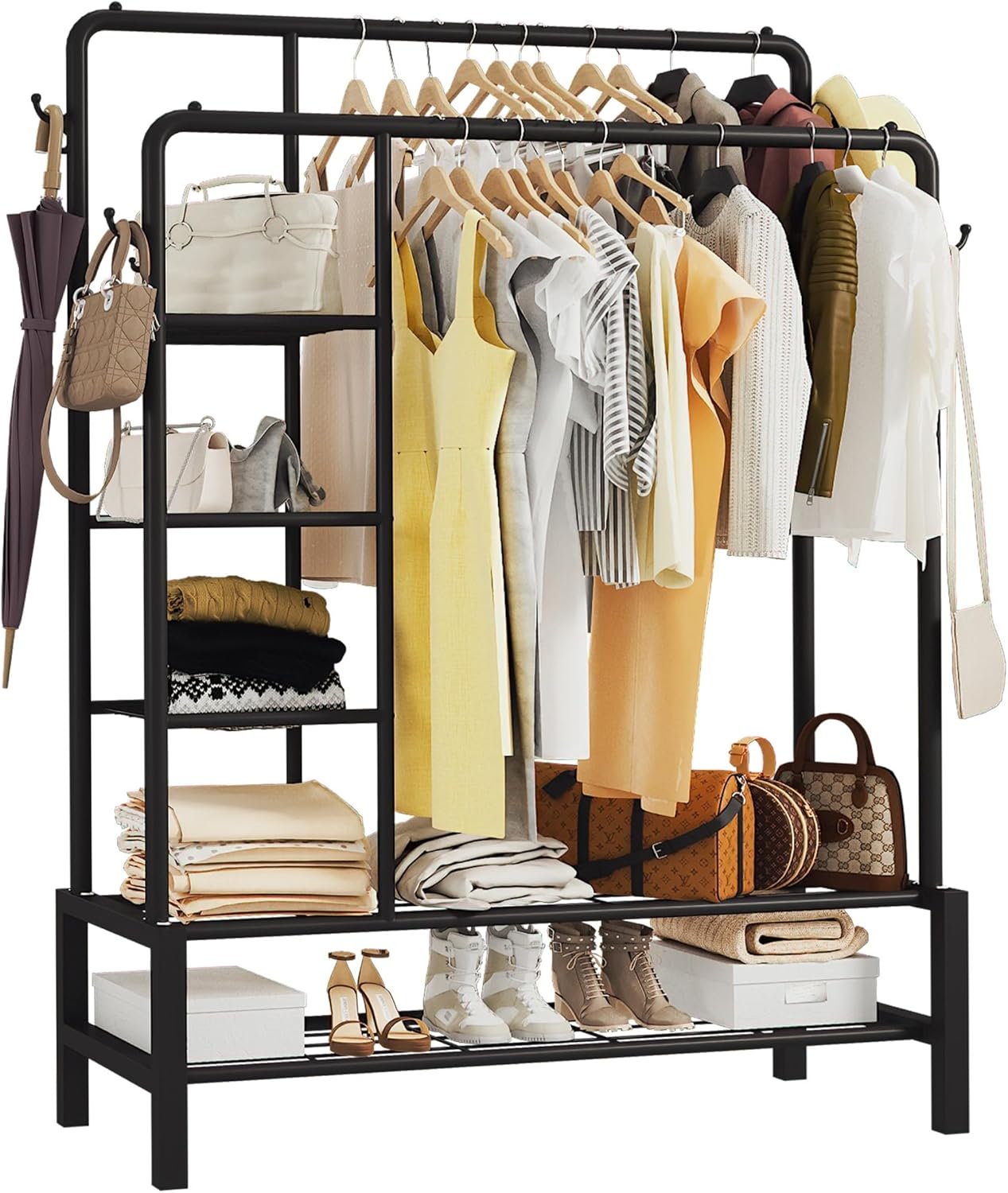 Klass Home Collection Heavy Duty Clothes Rail, 120KG Black Metal Rack With Double Hanging Clothing Rail, Shoe Rack, Storage Shelves & 4 Coat Hooks, Wardrobe Clothes Rails For Bedroom Office Shop