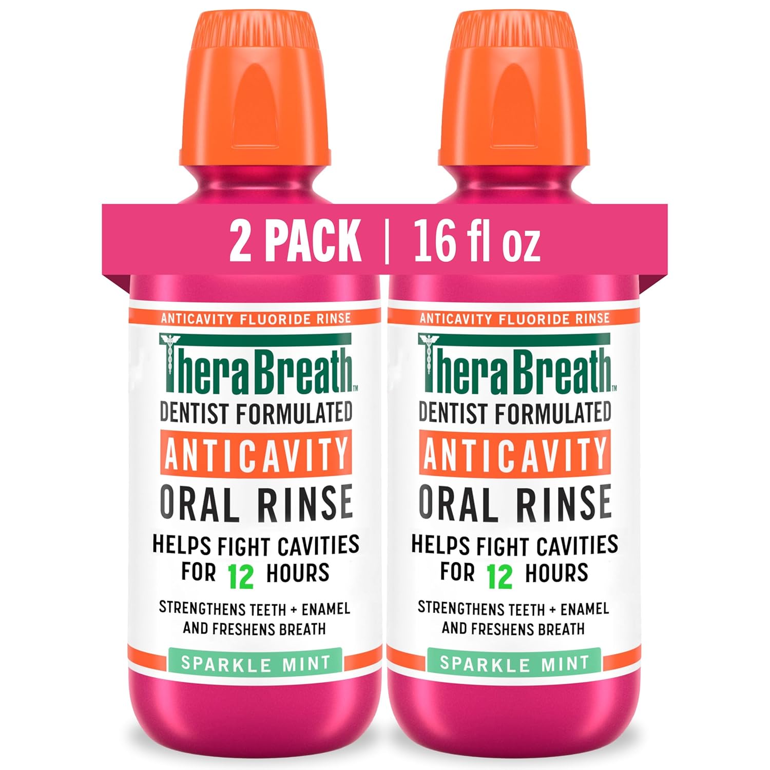 TheraBreath Anticavity Fluoride Oral Rinse Mouthwash, Fights Cavities, Strengthens Enamel and Freshens Breath, Dentist-Formulated, Alcohol-Free, Sparkle Mint Flavor, 16 fl oz, Pack of 2