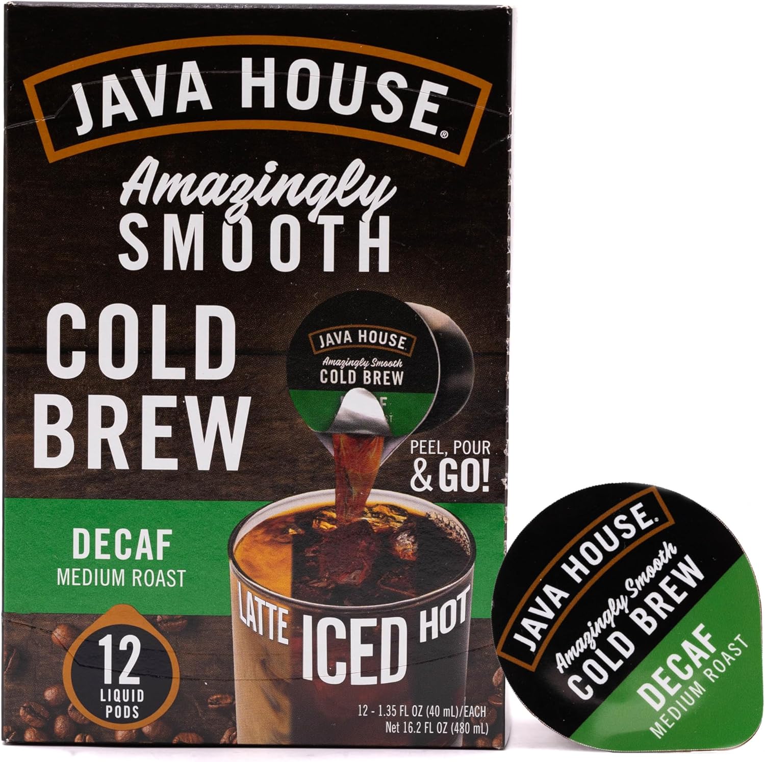 JAVA HOUSE Decaf Medium Roast Cold Brew Pods, (6 Count) Peel and Pour Pods Hot or Iced Instant Coffee Concentrate