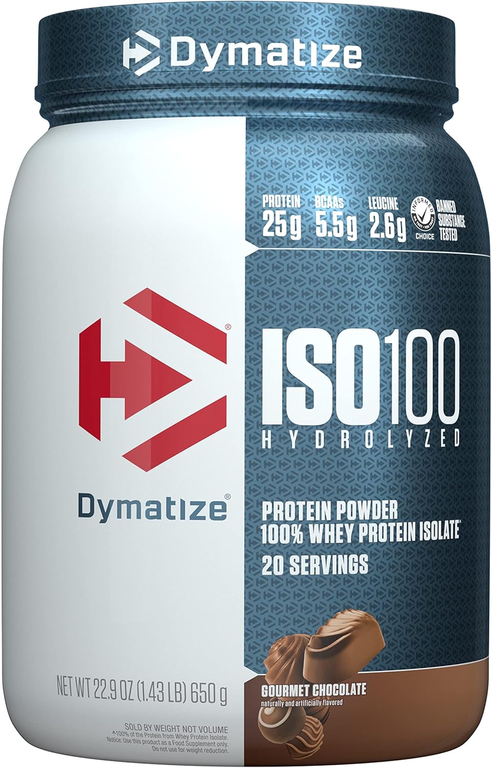 Dymatize ISO100 Whey Protein Powder Isolate, Gourmet Chocolate, 25g of Protein, 20 Servings, 5.5g BCAAs, Less Than 120 Cal., Gluten Free, 1g Fat, 1g Sugar, 2g Carb