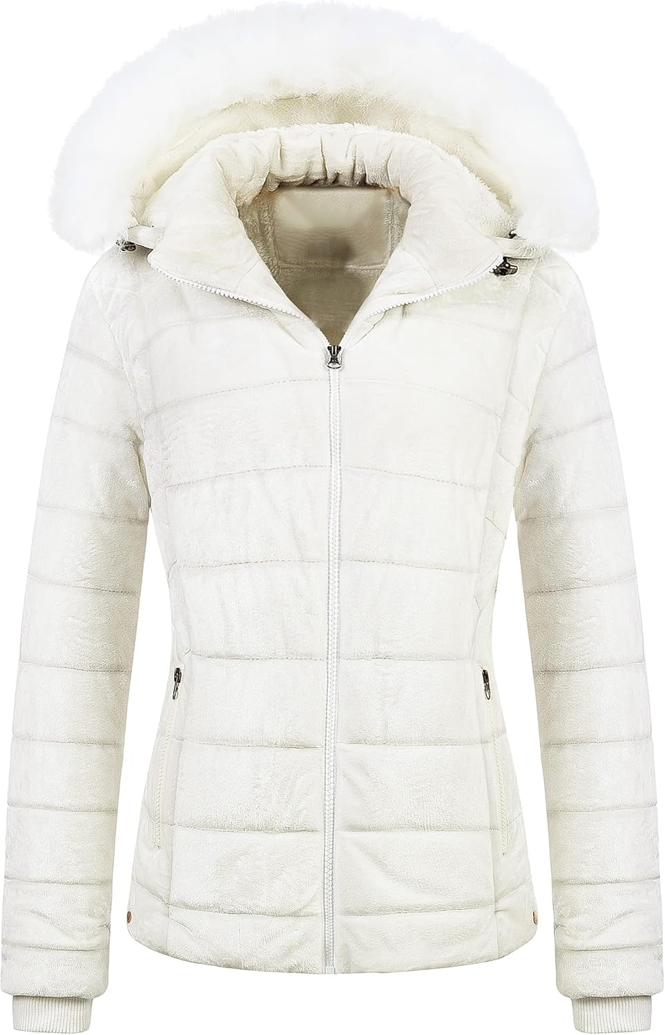 Chrisuno Women's Casual Short Winter Puffer Coat Soft Faux Fur Lining Lightweight Warm Jackets With Removable Hood
