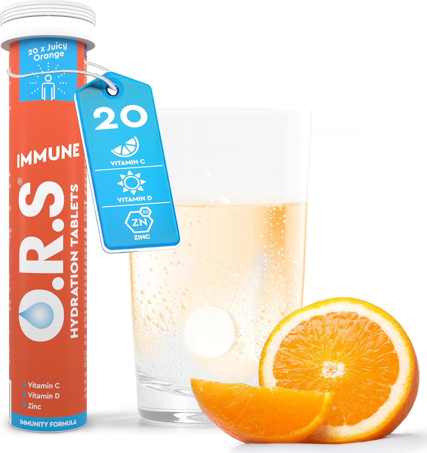 O.R.S Immune Hydration Tablet with Electrolytes, Vitamin D, Vitamin C and Zinc for Wellnes & Recovery | Vegan, Gluten-Free & Low-Calorie Electrolyte Tablets with Vitamins, Orange Flavour, 20 Tablets