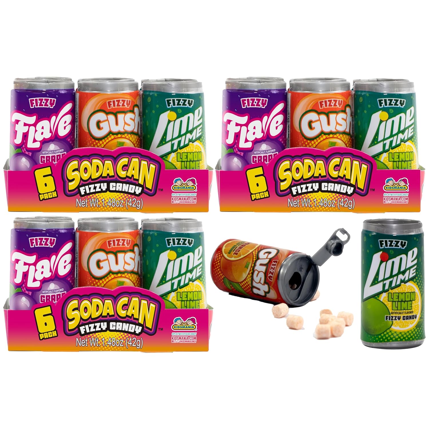 18 Kidsmania Mini Soda Can Fizzy Candy, 1.48 oz, Goody Bag Filler - Party Favor - 4 Assorted Flavors! (3 Packs of 6 Cans)
