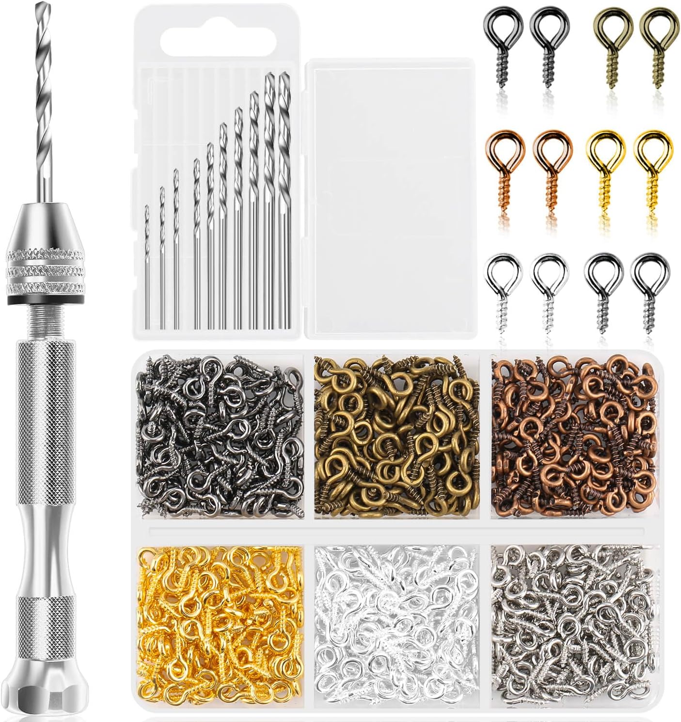 Shynek Pin Vise Hand Drill Set, Manual Hand Drill with 600PCS Small Screw Eye Hooks and 10 Different Sizes Drill Bits for Keychain, Jewelry Making and Crafts