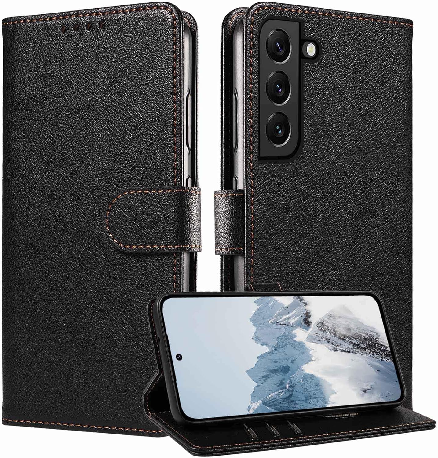 JanCalm for Samsung Galaxy S22 Case Wallet,RFID Blocking Phone Flip Cases,[Card Holder/Cash Slots] [Kickstand] Magnetic Clasp Leather Protective Folio Cover (Black)