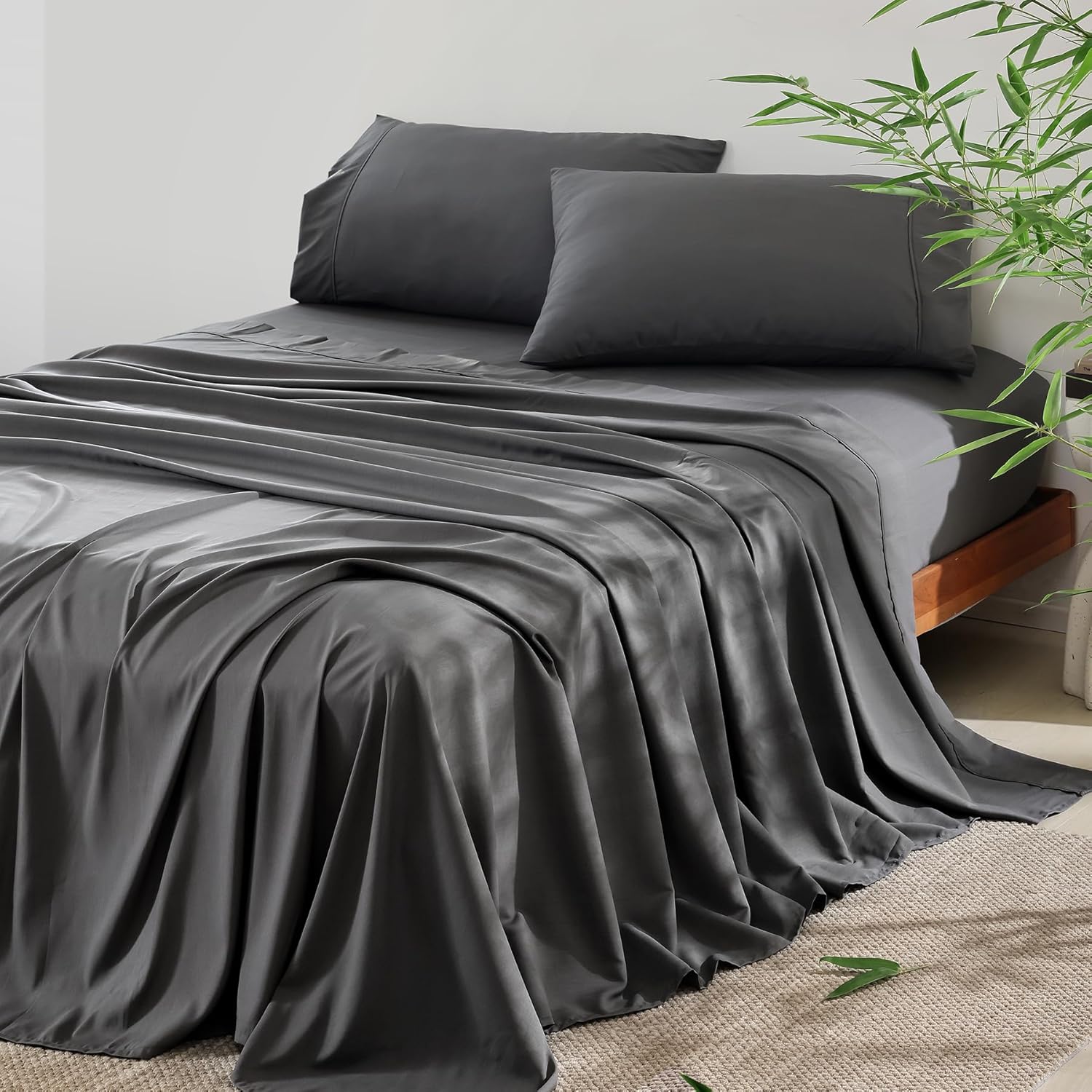 4 Piece Queen Size Sheet - Cooling Bed Sheets Set, Blend Rayon Derived from Bamboo, Breathable Soft Hotel Luxury Bedding & Pillowcases, Silky Fit 16 inch Extra Deep Pocket, Oeko-Tex - Charcoal