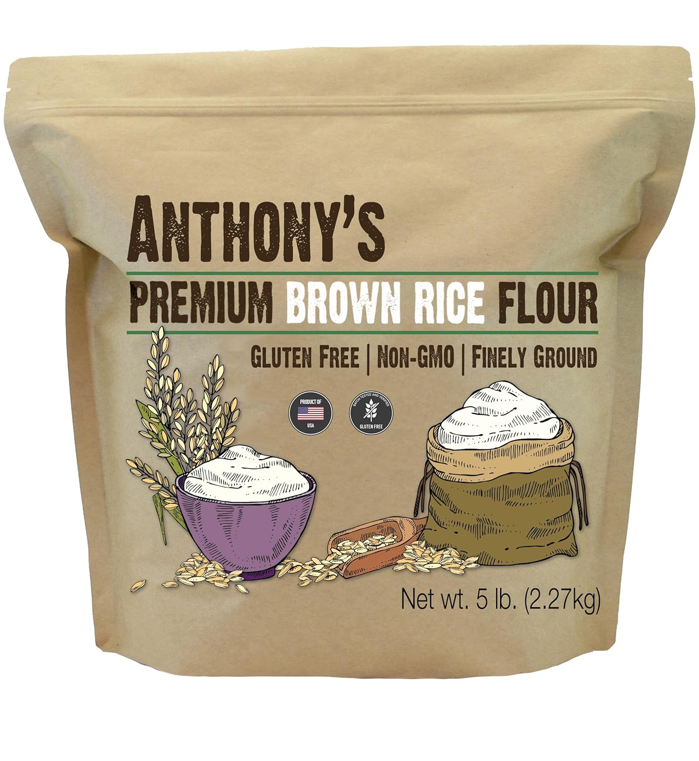 Anthony's Brown Rice Flour, 5 lb, Gluten Free, Non GMO, Product of USA, Vegan
