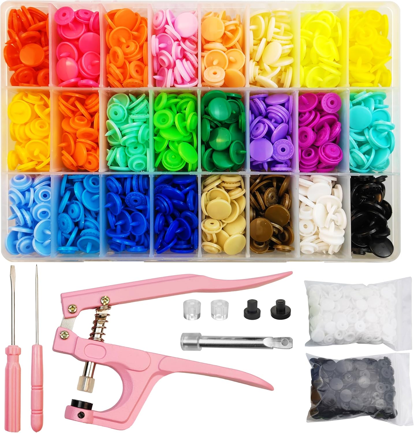 ChaliGoo 460 Sets T5 Plastic Snap Fasteners with Upgraded Pink Pliers, 24 Colors Snap Buttons Press Studs, Poppers Fasteners Kit for Sewing, Crafting - 12mm