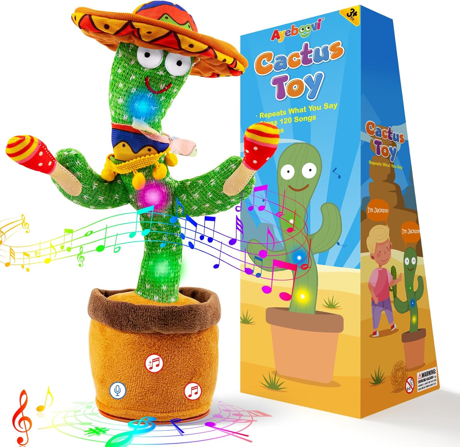 Ayeboovi Dancing Talking Cactus Baby Toy, Mimicking Recording Toy Repeats What You Say, Adjustable Volume Singing Cactus with 120 Songs, Interactive Dancing Toy Gifts for Kids Toddlers Boys Girls