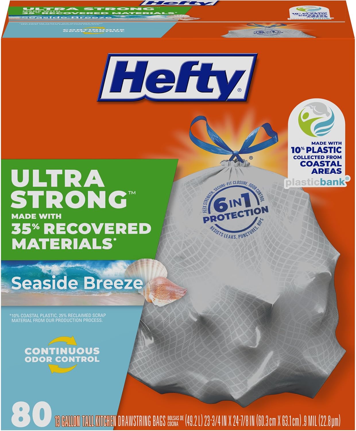 Hefty® Ultra Strong Tall Kitchen Trash Bags, 35% Recovered Materials, Seaside Breeze, 13 Gallon, 80 Count