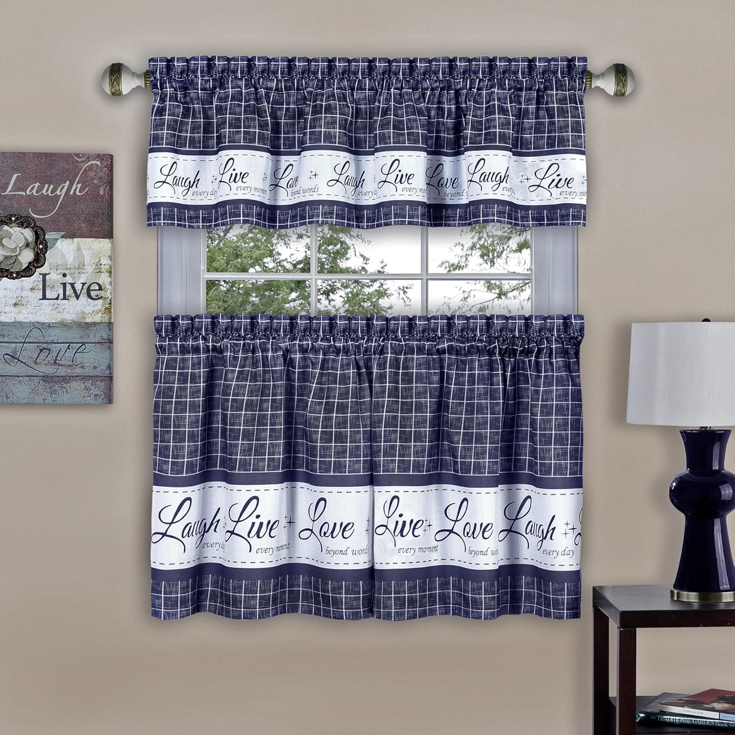 Achim Home Furnishings Window Curtain, Polyester, Navy, Tier Pair & Valance Set 58" x 24"