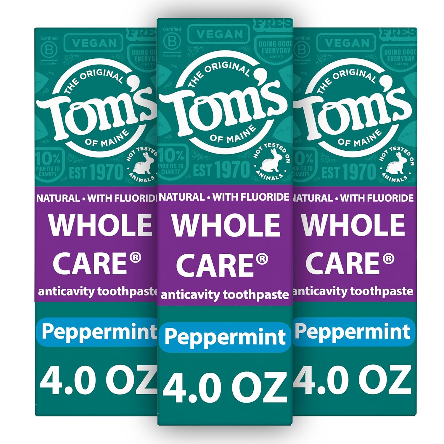 Tom's of Maine Whole Care Natural Toothpaste with Fluoride, Peppermint, 4 oz. 3-Pack (Packaging May Vary)