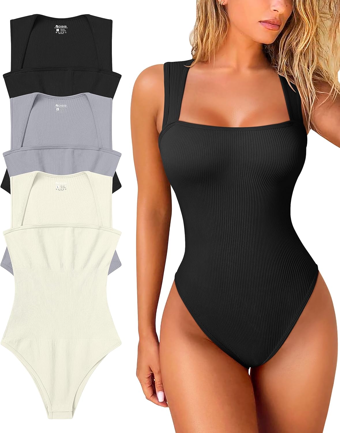 OQQ Women's 3 Piece Bodysuits Sexy Ribbed Strappy Square Neck Sleeveless Tummy Control Tank Tops Bodysuits
