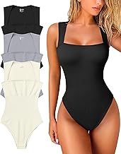 OQQ Women's 3 Piece Bodysuits Sexy Ribbed Strappy Square Neck Sleeveless Tummy Control Tank Tops Bodysuits