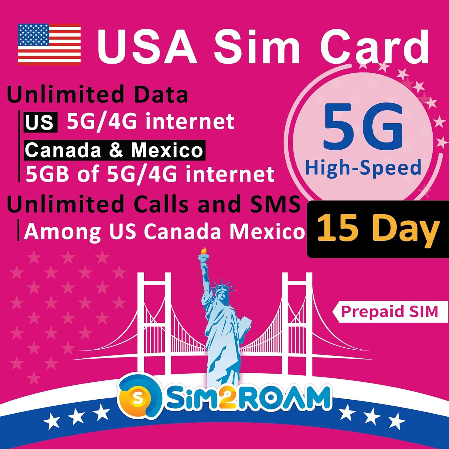 SIM2ROAM USA Prepaid SIM Card Unlimited 5G/4G LTE High-speed Internet Data in US (Hawaii included) Unlimited Calls and Texts (SMS) in United States Refillable! (15 Days)