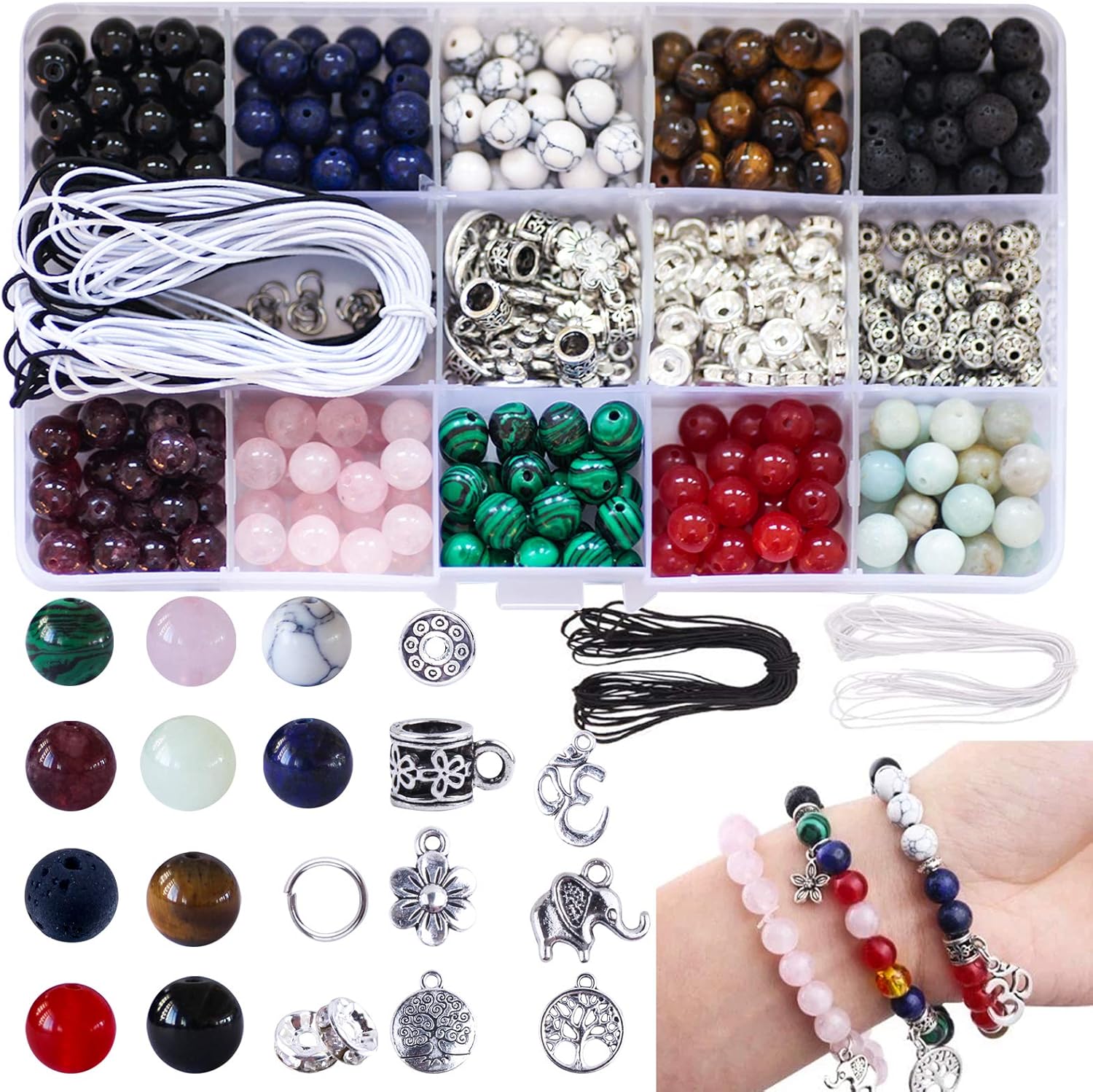 Colle 8 mm Multicolor Natural Stone Semi Precious Stone Beads Lithotherapy Kit for Jewellery with Crystal Bracelet String for Jewellery Making DIY Crafts (418)