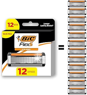 BIC Flex 5 Refillable Refill Razor Cartridges for Men, Long-Blade Razors for a Smooth and Comfortable Shave, 12 Refill Cartridges