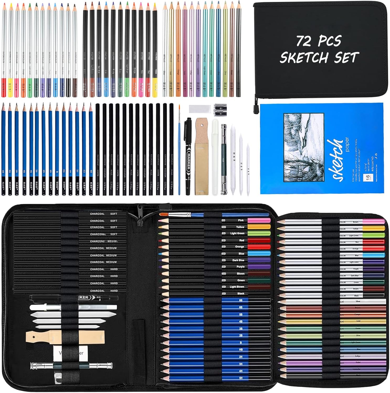 72Pcs Drawing Sketching Kit Set, Pro Art Supplies with Sketchbook, Watercolor, Graphite, Colored, Metallic, Charcoal Pencil, Drawing Set in Zipper Carry Case for Adults Teens Beginner